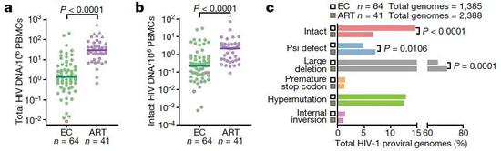 ▲精英控制者的细胞内，前病毒数量显著低于ART治疗者，但完整基因序列的前病毒比例更高（图片来源：参考资料[1]）