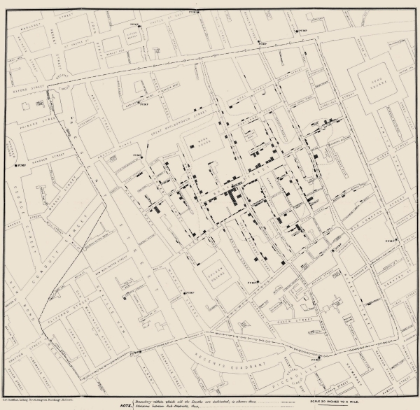 伦敦索霍区宽街霍乱疫情经典地图，约翰·斯诺，1854年